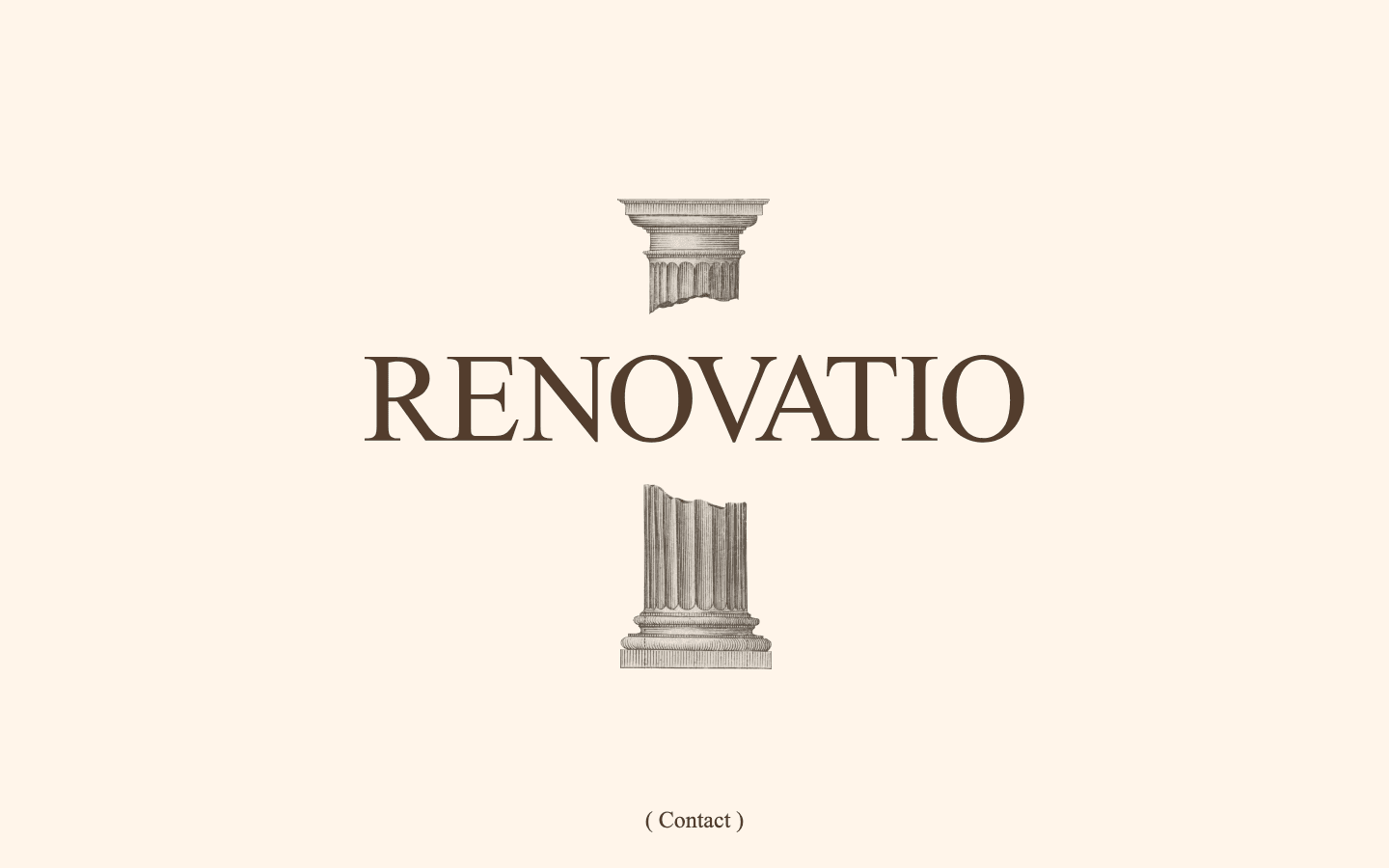 Renovatio Atelier homepage with its classical column artwork and wordmark